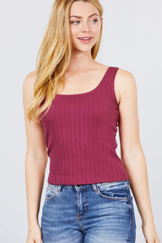 Sleeveless Double Scoop Neck Lace Trim Detail Pointelle Knit Top - Absolute Fashion 2020