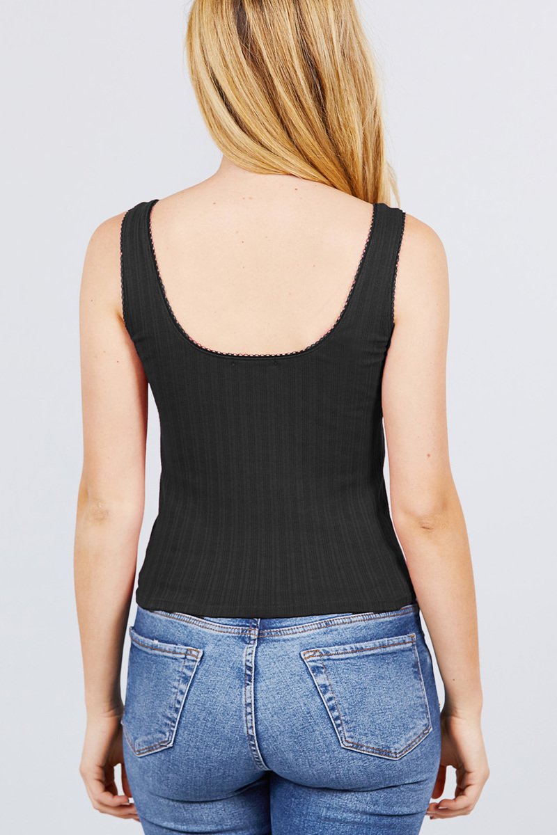 Sleeveless Double Scoop Neck Lace Trim Detail Pointelle Knit Top - Absolute Fashion 2020