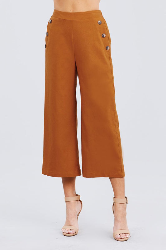 Fake Pocket W/button Detail Wide Long Leg Linen Pants - Absolute Fashion 2020
