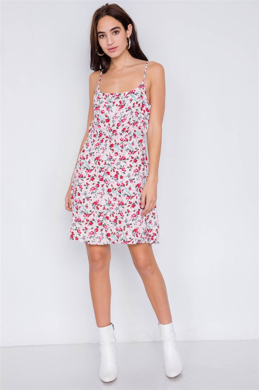 Blush Magenta Sky Blue Boho Floral Vintage Fit & Flare Neck Mini Dress - Absolute Fashion 2020