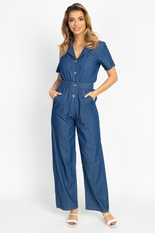 Button Front Elasticized Waist Jumpsuit - Absolute Fashion 2020