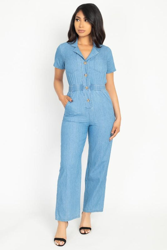 Button Front Elasticized Waist Jumpsuit - Absolute Fashion 2020