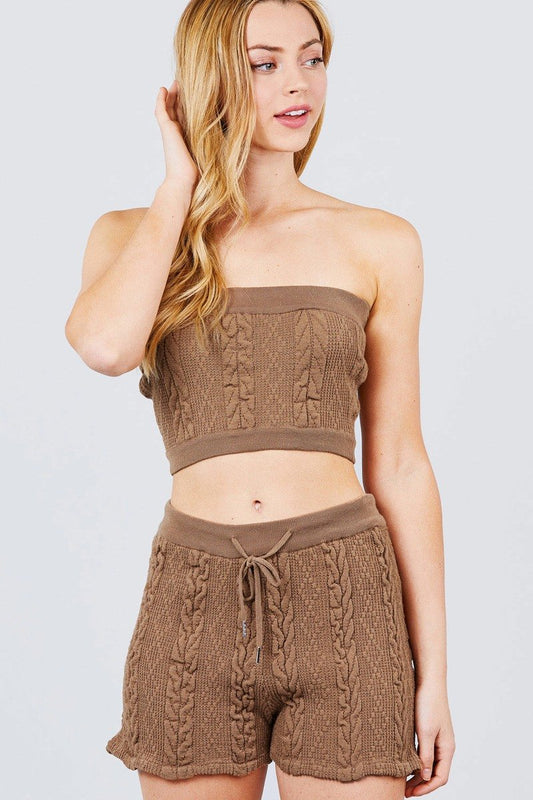 Cable Detail Sweater Tube Top And Sweater Short Pants Set - Absolute Fashion 2020