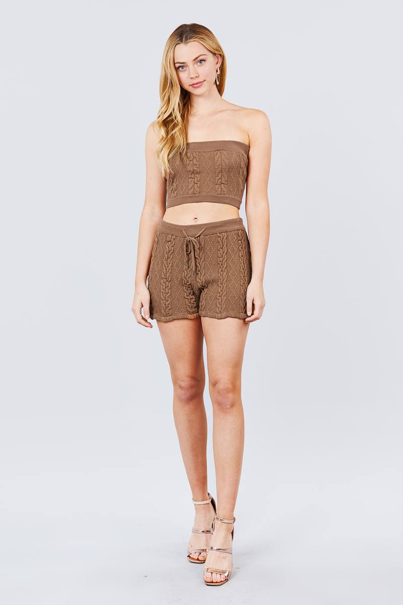 Cable Detail Sweater Tube Top And Sweater Short Pants Set - Absolute Fashion 2020