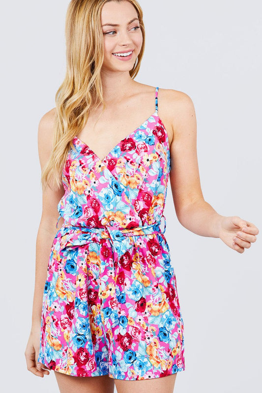 V-neck W/wrap Adjustable Spaghetti Straps Waist Belt Printed Knit Romper - Absolute Fashion 2020