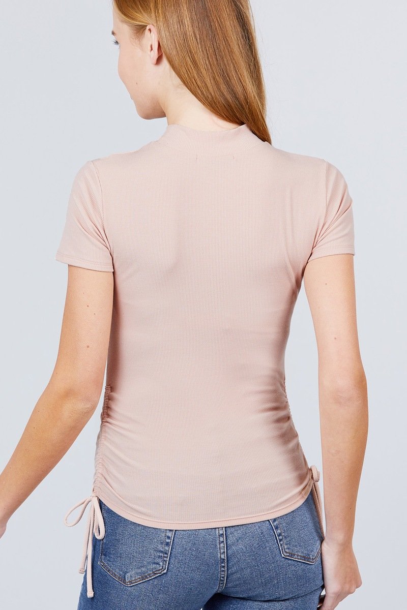 Short Sleeve Mock Neck Side Shirring Detail Rib Knit Top - Absolute Fashion 2020