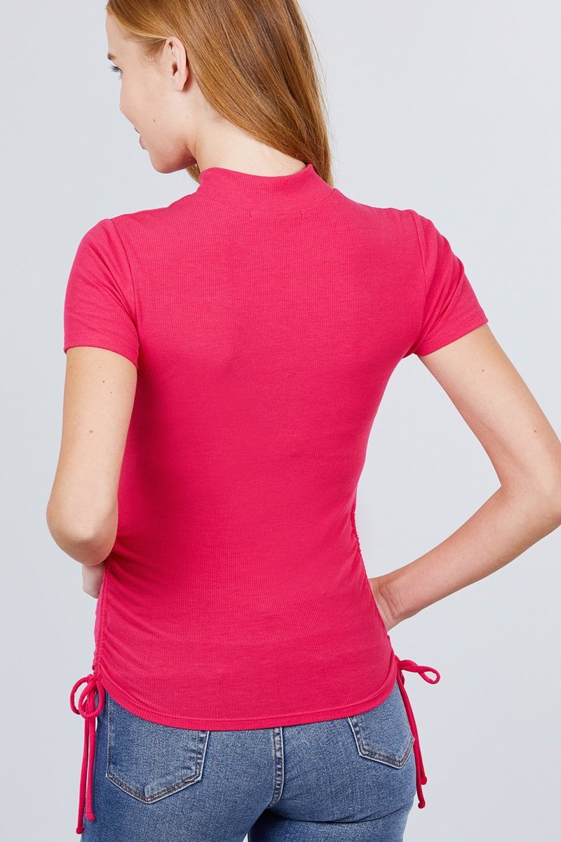 Short Sleeve Mock Neck Side Shirring Detail Rib Knit Top - Absolute Fashion 2020