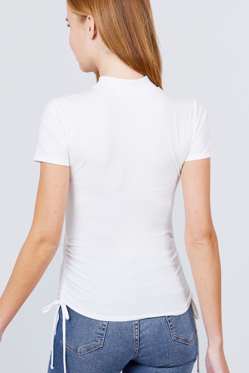 Short Sleeve Mock Neck Side Shirring Detail Rib Knit Top - Absolute Fashion 2020