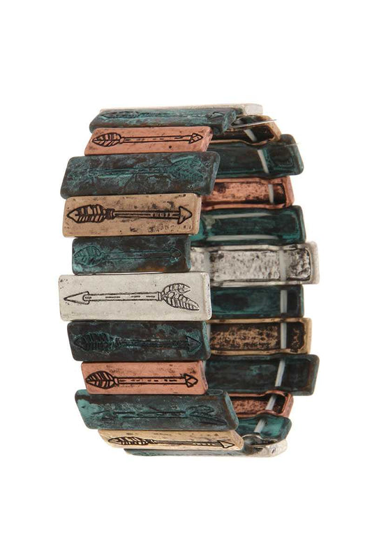 Rectangular Metal Bar Arrow Engraved Stretch Bracelet - Absolute Fashion 2020
