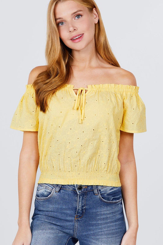 Short Sleeve Off The Shoulder Front Tie Detail Smocked Hem Eyelet Lace Woven Top - Absolute Fashion 2020
