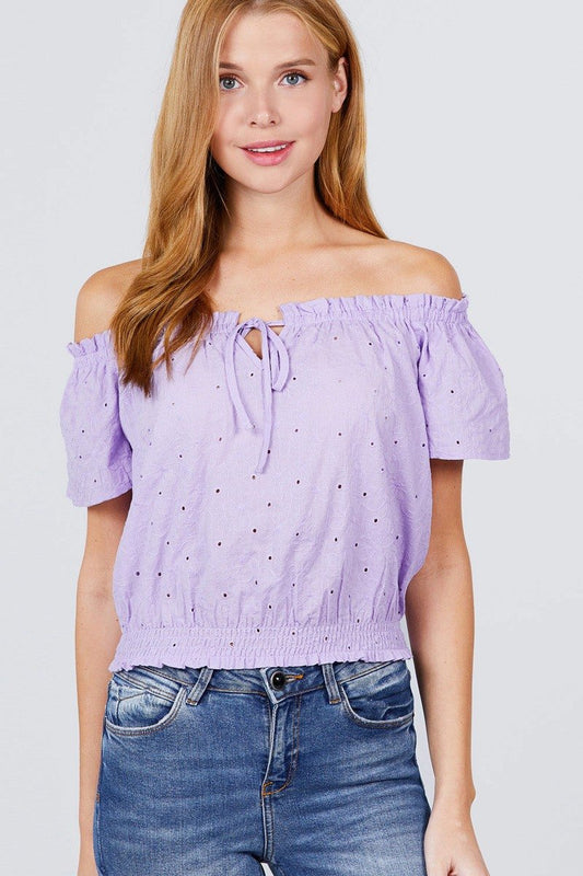 Short Sleeve Off The Shoulder Front Tie Detail Smocked Hem Eyelet Lace Woven Top - Absolute Fashion 2020