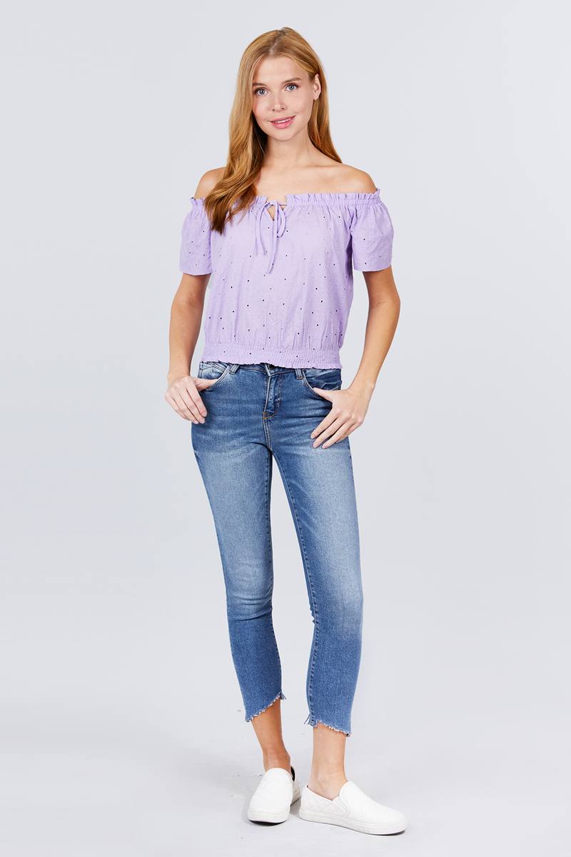 Short Sleeve Off The Shoulder Front Tie Detail Smocked Hem Eyelet Lace Woven Top - Absolute Fashion 2020