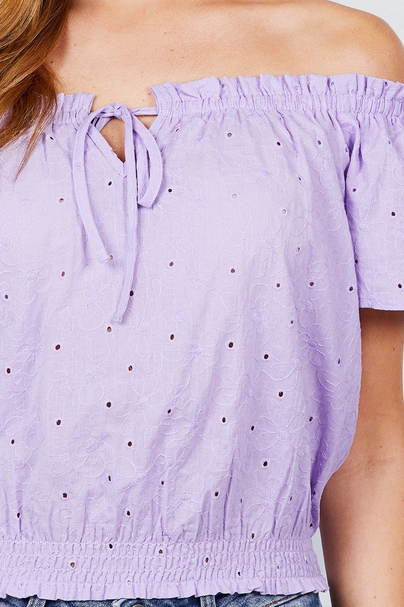 Short Sleeve Off The Shoulder Front Tie Detail Smocked Hem Eyelet Lace Woven Top - Absolute Fashion 2020