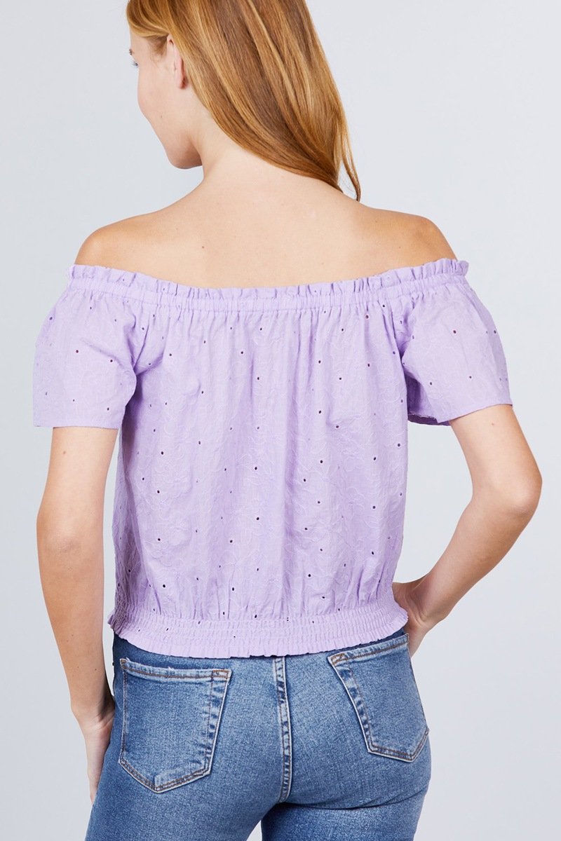 Short Sleeve Off The Shoulder Front Tie Detail Smocked Hem Eyelet Lace Woven Top - Absolute Fashion 2020