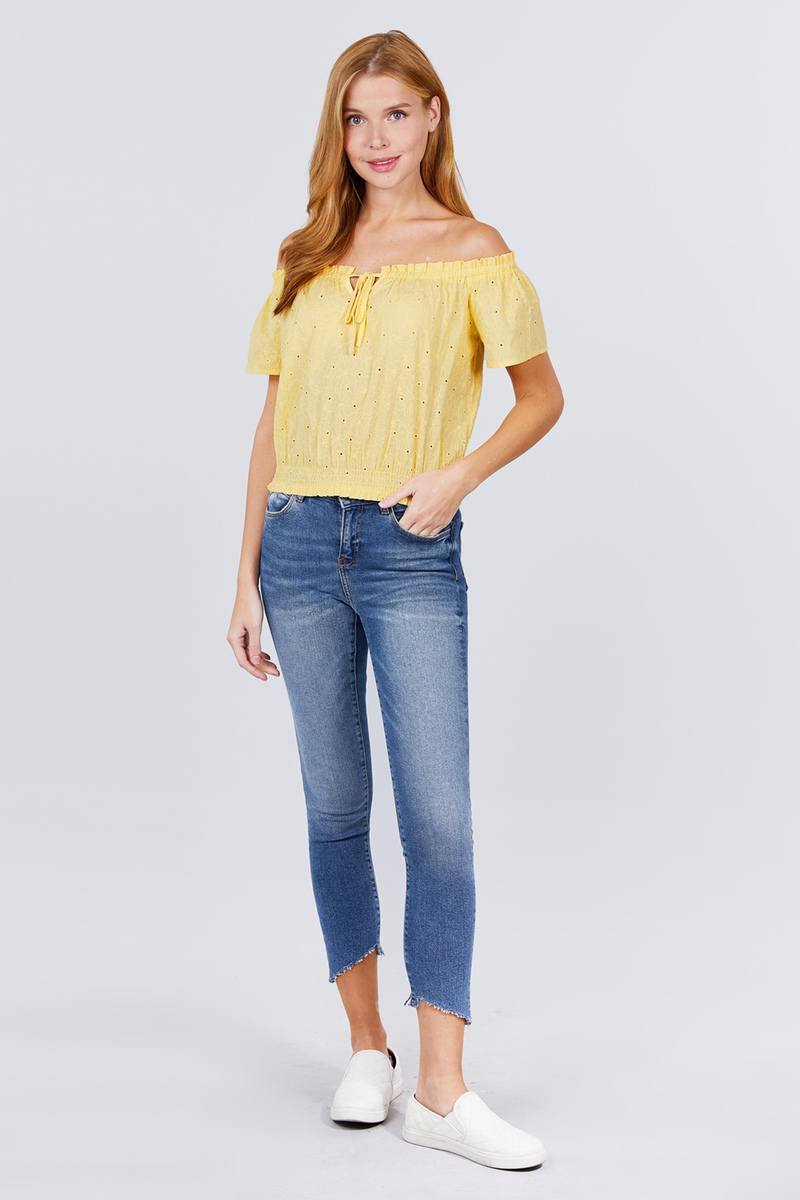 Short Sleeve Off The Shoulder Front Tie Detail Smocked Hem Eyelet Lace Woven Top - Absolute Fashion 2020