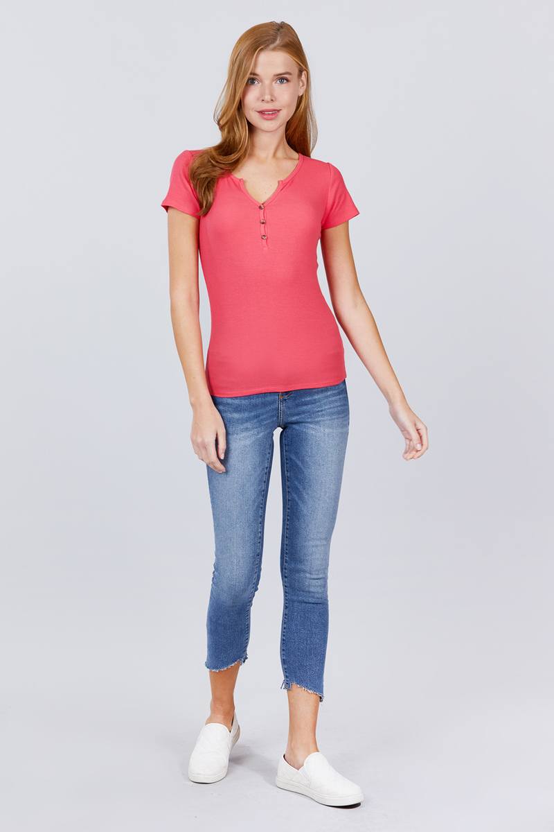 Short Sleeve W/button Detail Henley Neck Rib Knit Top - Absolute Fashion 2020