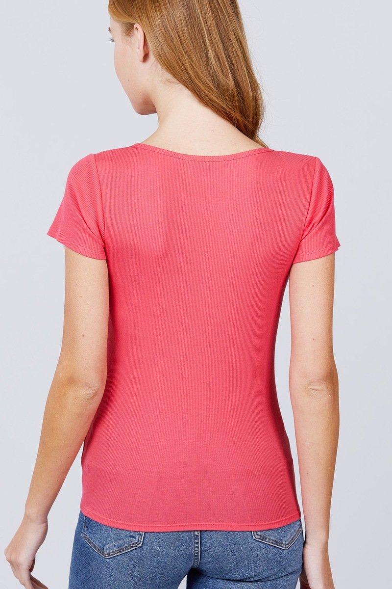 Short Sleeve W/button Detail Henley Neck Rib Knit Top - Absolute Fashion 2020
