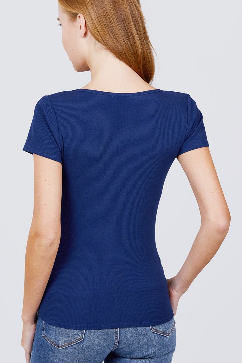 Short Sleeve W/button Detail Henley Neck Rib Knit Top - Absolute Fashion 2020