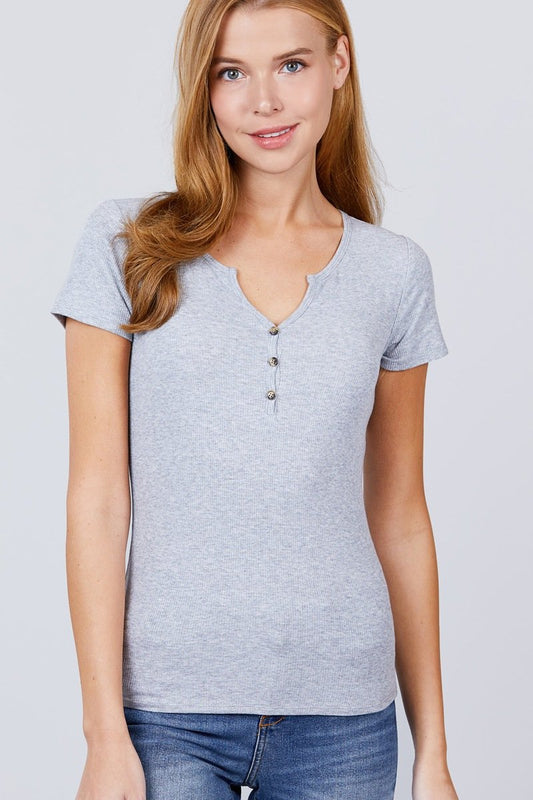 Short Sleeve W/button Detail Henley Neck Rib Knit Top - Absolute Fashion 2020