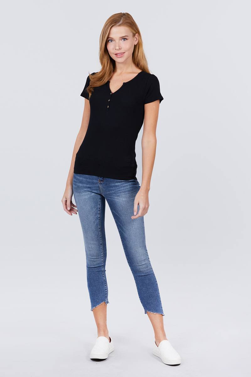 Short Sleeve W/button Detail Henley Neck Rib Knit Top - Absolute Fashion 2020