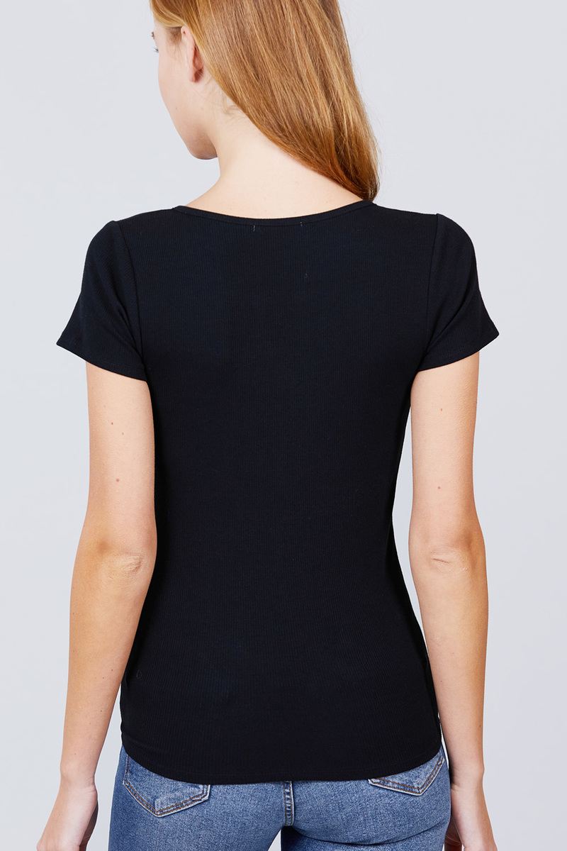 Short Sleeve W/button Detail Henley Neck Rib Knit Top - Absolute Fashion 2020