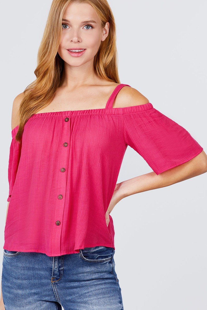 Elbow Sleeve Open Shoulder Button Down Woven Top - Absolute Fashion 2020