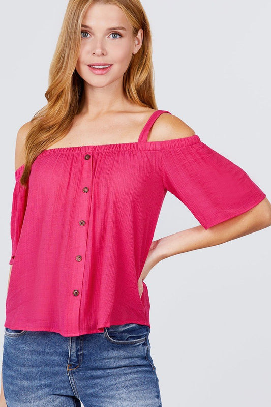 Elbow Sleeve Open Shoulder Button Down Woven Top - Absolute Fashion 2020