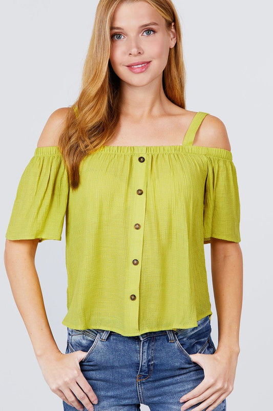 Elbow Sleeve Open Shoulder Button Down Woven Top - Absolute Fashion 2020