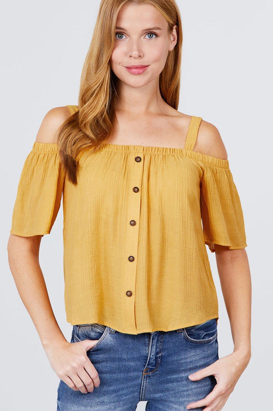 Elbow Sleeve Open Shoulder Button Down Woven Top - Absolute Fashion 2020