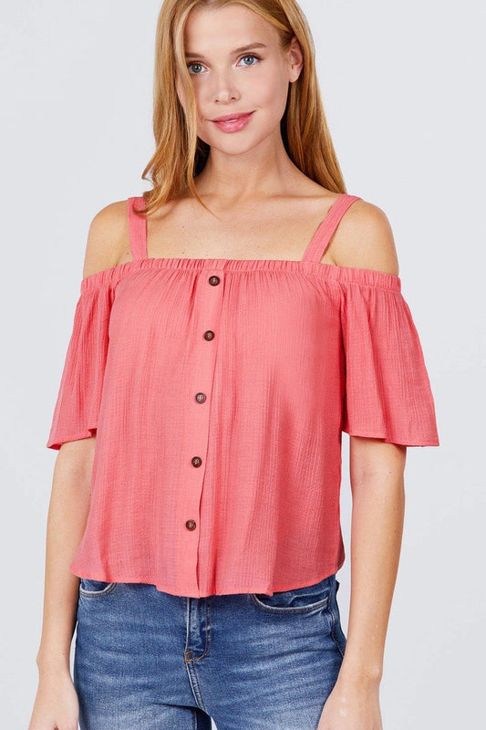 Elbow Sleeve Open Shoulder Button Down Woven Top - Absolute Fashion 2020