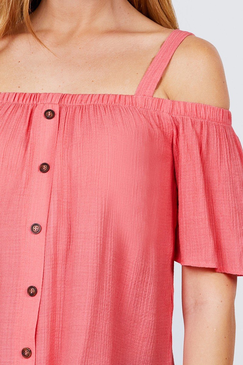Elbow Sleeve Open Shoulder Button Down Woven Top - Absolute Fashion 2020
