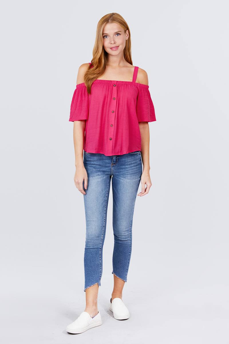 Elbow Sleeve Open Shoulder Button Down Woven Top - Absolute Fashion 2020