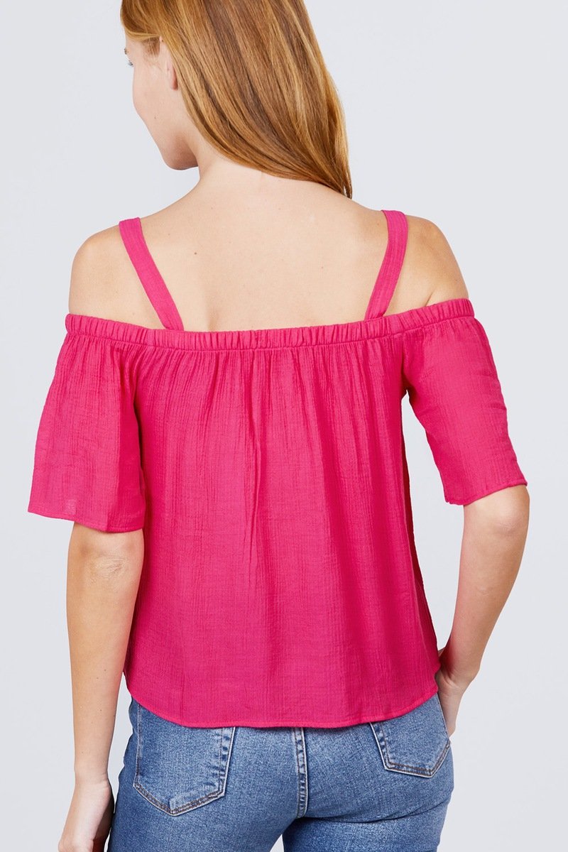 Elbow Sleeve Open Shoulder Button Down Woven Top - Absolute Fashion 2020