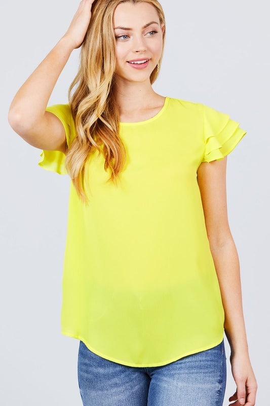 Short Cap Ruffle Sleeve Round Neck Woven Top - Absolute Fashion 2020