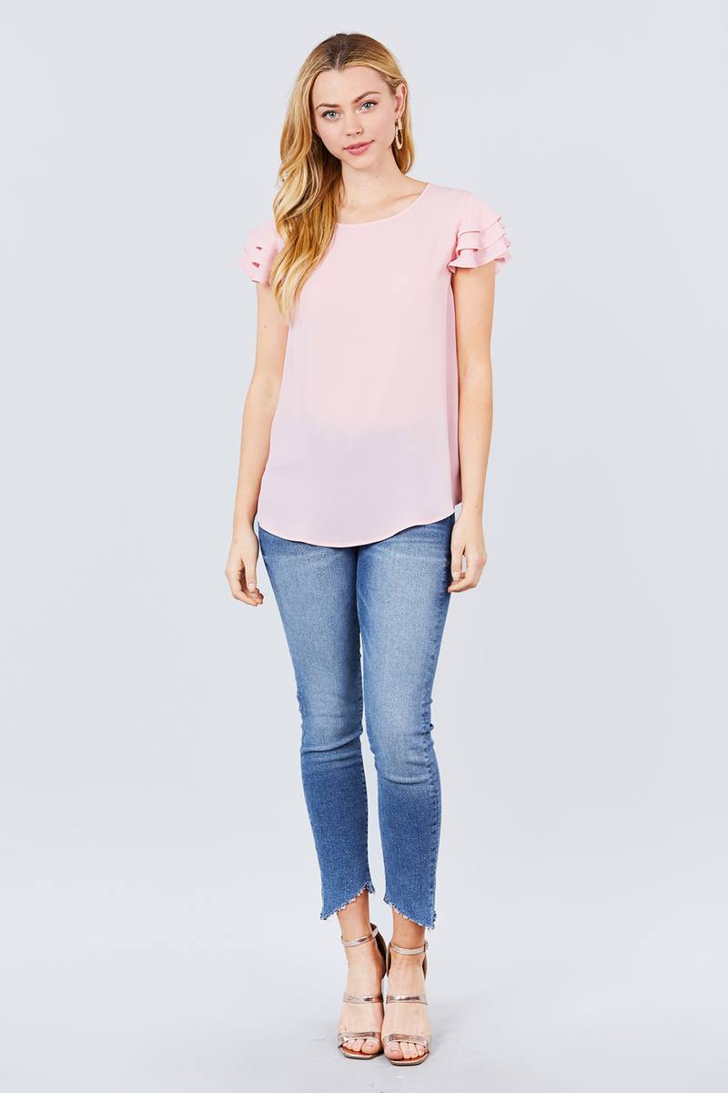 Short Cap Ruffle Sleeve Round Neck Woven Top - Absolute Fashion 2020