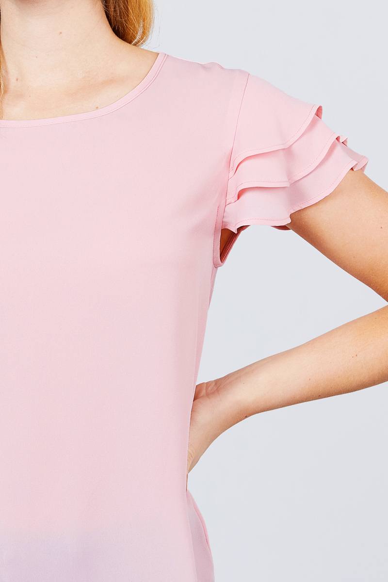 Short Cap Ruffle Sleeve Round Neck Woven Top - Absolute Fashion 2020