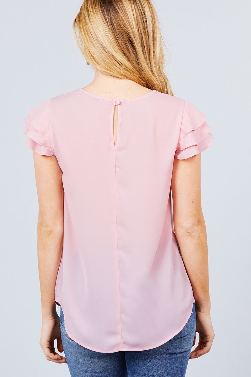 Short Cap Ruffle Sleeve Round Neck Woven Top - Absolute Fashion 2020