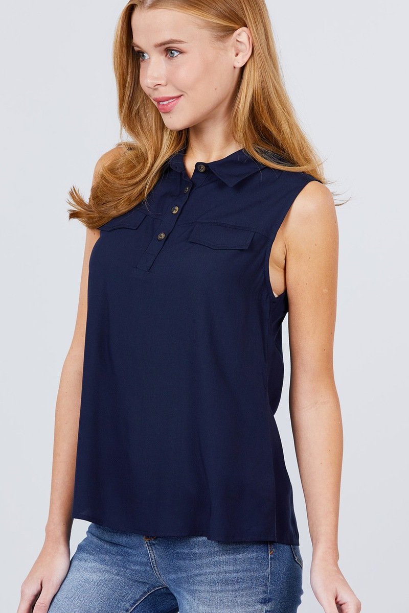 Sleeveless Front Flap Pocket Button Down Woven Shirts - Absolute Fashion 2020