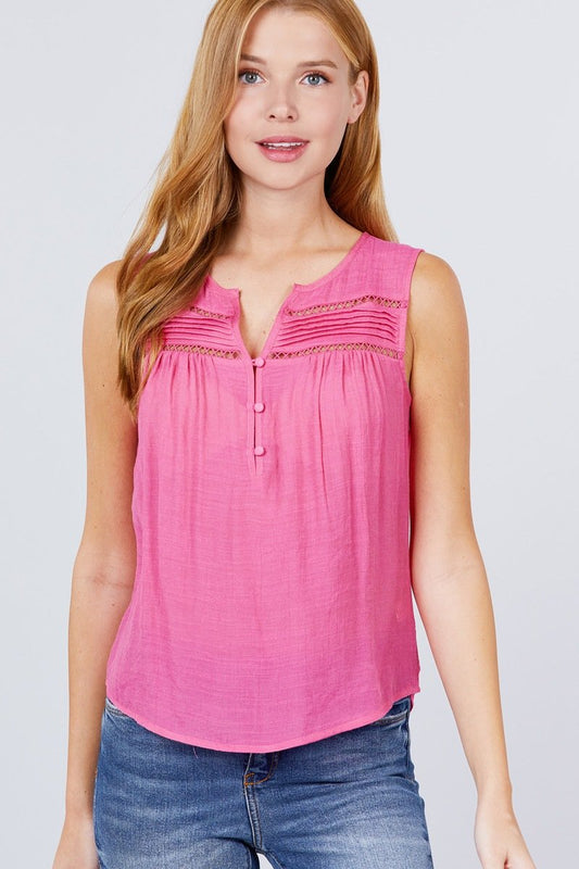 Sleeveless Front Pleats Detail W/button Woven Top - Absolute Fashion 2020