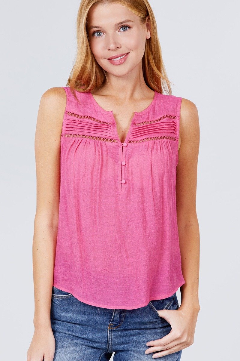 Sleeveless Front Pleats Detail W/button Woven Top - Absolute Fashion 2020