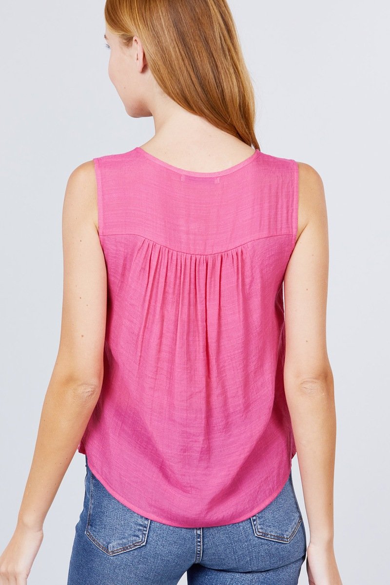 Sleeveless Front Pleats Detail W/button Woven Top - Absolute Fashion 2020