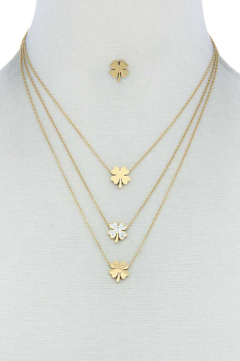 Triple Layer 4 Leaves Clover Necklace And Earring Set - Absolute Fashion 2020
