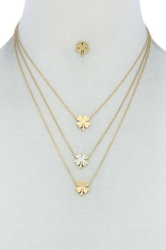 Triple Layer 4 Leaves Clover Necklace And Earring Set - Absolute Fashion 2020
