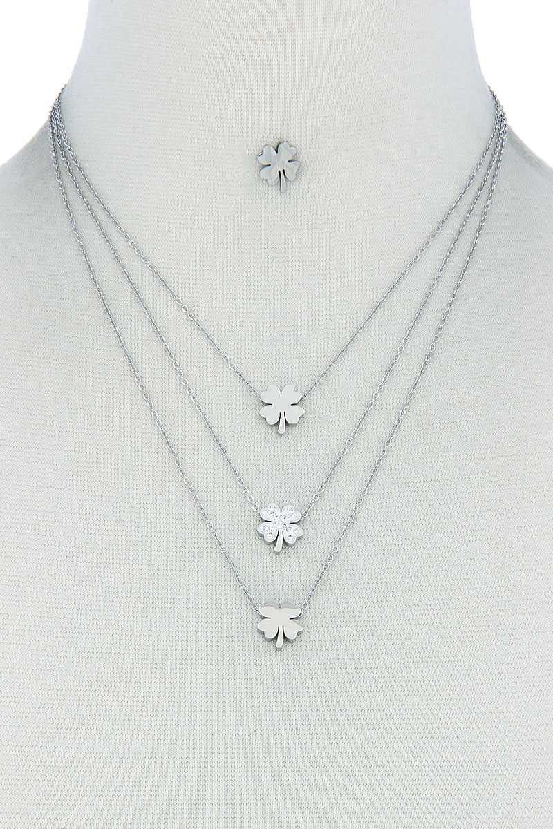 Triple Layer 4 Leaves Clover Necklace And Earring Set - Absolute Fashion 2020