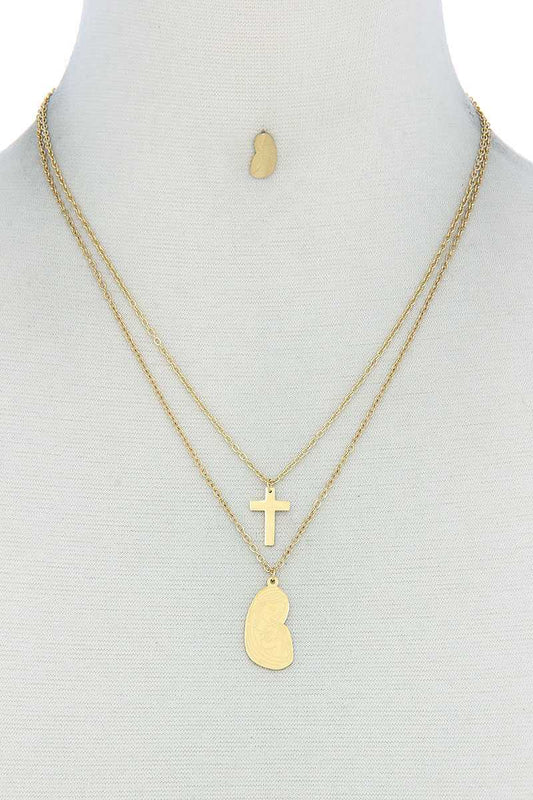Stylish Double Layer Cross And Mary Necklace And Earring Set - Absolute Fashion 2020