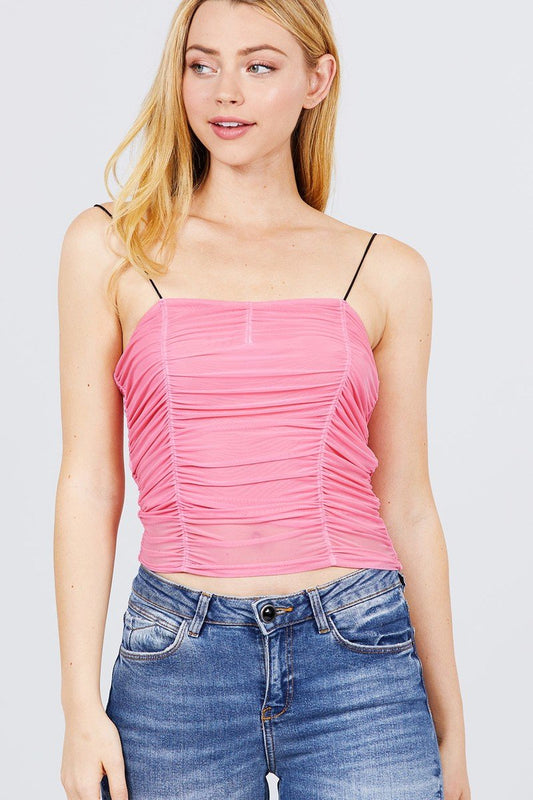 V-neck W/shirring Detail Elastic Strap Mesh Cami Top - Absolute Fashion 2020