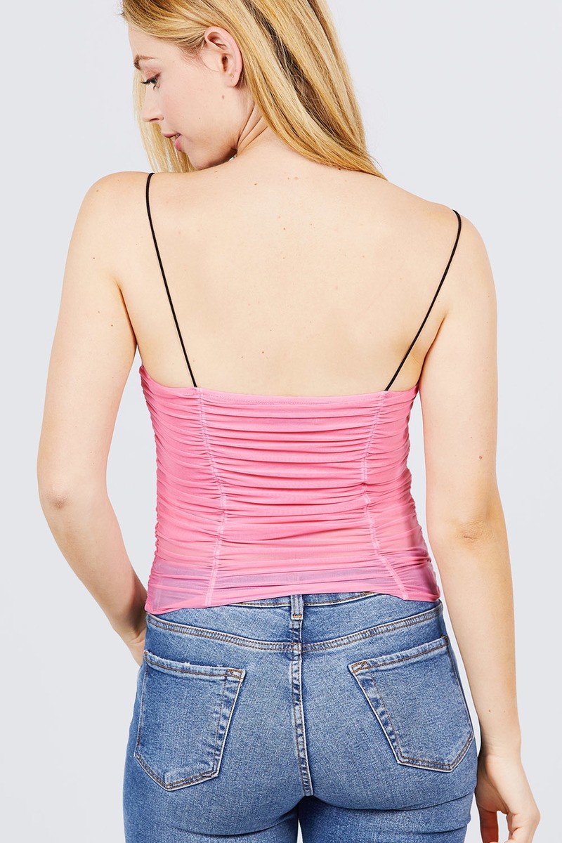 V-neck W/shirring Detail Elastic Strap Mesh Cami Top - Absolute Fashion 2020