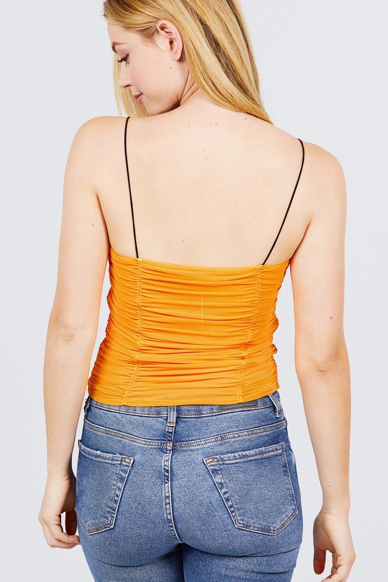 V-neck W/shirring Detail Elastic Strap Mesh Cami Top - Absolute Fashion 2020