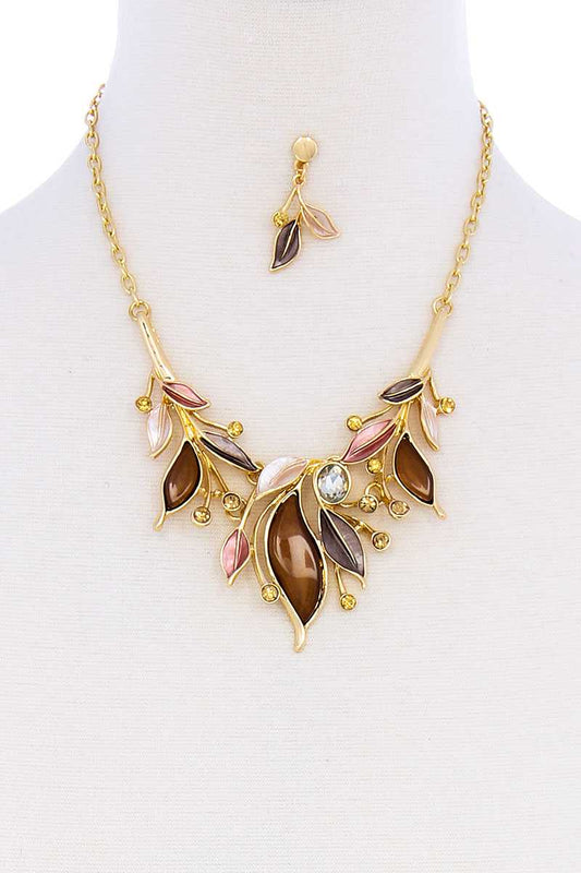 Stylish Multi Rhinestone Leaf Necklace And Earring Set - Absolute Fashion 2020