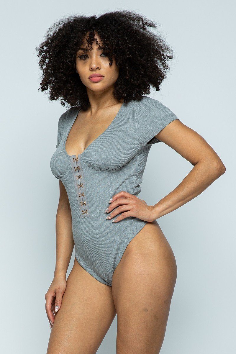 Short Sleeve Hook And Eye Ribbed Knit - Absolute Fashion 2020